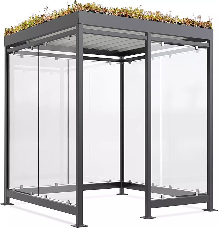 Raucherunterstand AQUILA GREEN, Dachbreite x Dachtiefe 2165 mm x 2165 mm, zum Aufdübeln bei +/- 0 mm, mit Rück- / Seitenwänden sowie Windschutzwand rechts, Stahlkonstruktion in RAL 7016 anthrazitgrau