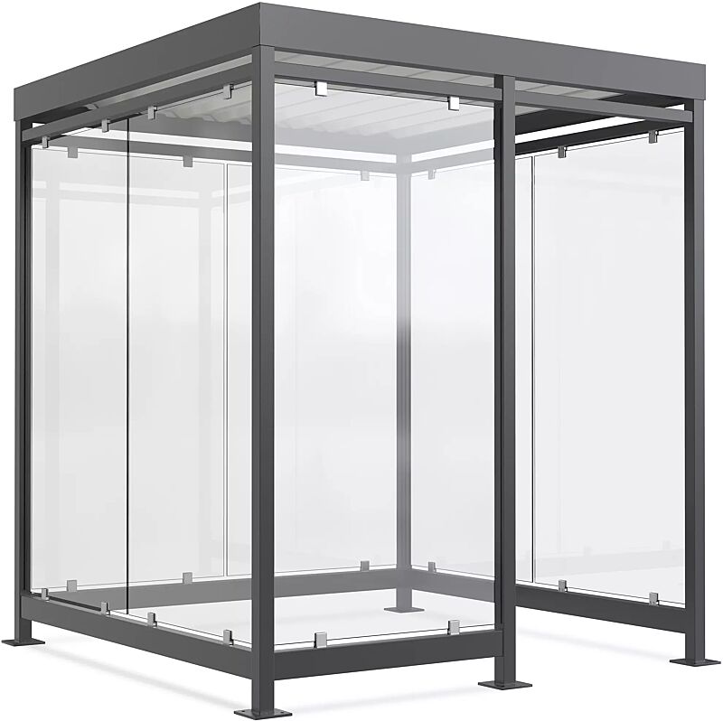 Raucherunterstand LEONIS, Dachbreite x Dachtiefe 2165 mm x 2165 mm, zum Aufdübeln bei +/- 0 mm, mit Rück- / Seitenwände sowie Windschutzwand links, Stahlkonstruktion in RAL 7016 anthrazitgrau