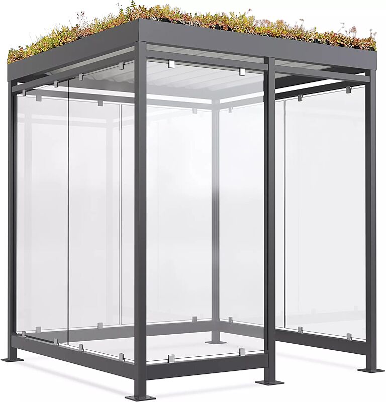 Raucherunterstand LEONIS GREEN, Dachbreite x Dachtiefe 2165 mm x 2165 mm, zum Aufdübeln bei +/- 0 mm, mit Rück- / Seitenwände sowie Windschutzwand links, Stahlkonstruktion in RAL 7016 anthrazitgrau