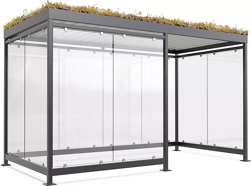 Raucherunterstand LEONIS, Dachbreite x Dachtiefe 3180 mm x 2165 mm, zum Aufdübeln bei +/- 0 mm, mit Rück- / Seiten- sowie 2 Windschutzwänden links, Stahlkonstruktion in RAL 7016 anthrazitgrau