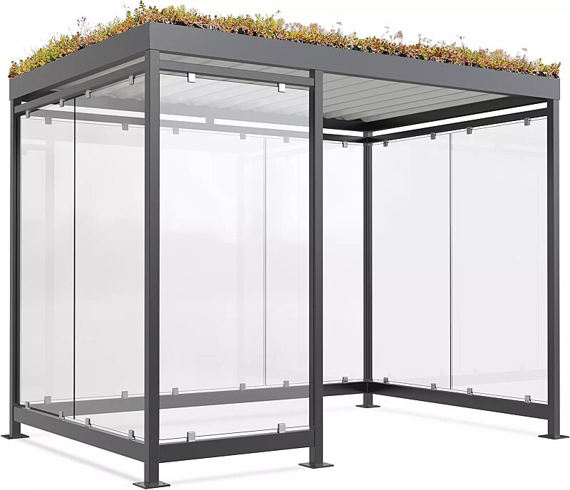 Raucherunterstand LEONIS GREEN, Dachbreite x Dachtiefe 2165 mm x 2165 mm, zum Aufdübeln bei +/- 0 mm, mit Rück- / Seitenwände sowie Windschutzwand links, Stahlkonstruktion in RAL 7016 anthrazitgrau