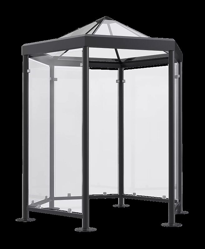 Raucherunterstand AQUARIUS MINI, Dachbreite x Dachtiefe 2344 mm x 2030 mm, zum Aufdübeln, inkl. 5 Seitenwände ESG, Klarglas, Dach VSG, Klarglas, Stahlkonstruktion in RAL 7016 anthrazitgrau