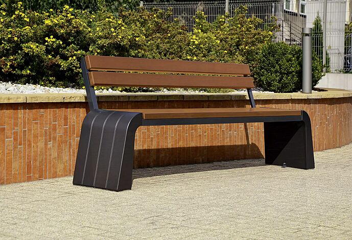 Sitzbank VEGA mit Rückenlehne, Stahlteile in RAL 7021 schwarzgrau, Beton beschichtet in Farbe graphit