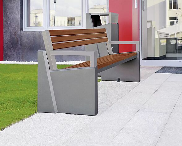 Sitzbank INTAL mit Rückenlehne, Stahlteile in RAL 9007 graualuminium, Beton beschichtet in grau