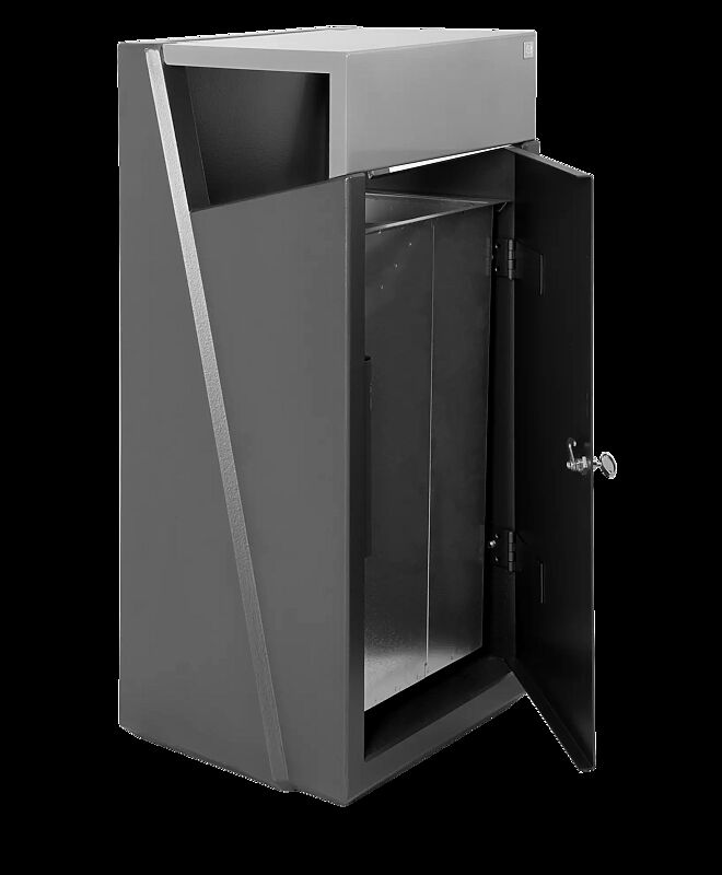 Abfallbehälter INTAL mit Ascher, mit Schutzdach in RAL 9007 graualuminium, Beton beschichtet in graphit, Tür in RAL 7021 schwarzgrau, Tür geöffnet