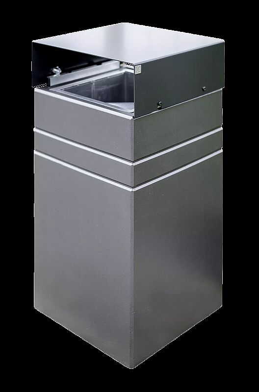 Abfallbehälter BRNO mit Ascher, 70 Liter, mit Schutzdach in RAL 7021 schwarzgrau, Beton beschichtet in grau