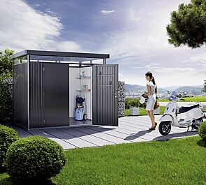 Gerätehaus HighLine®, Modell 4 in dunkelgrau-metallic, mit Seitendach (Mehrpreis) sowie Alu Bodenrahmen, Alu-Bodenplatte und Doppelflügeltür