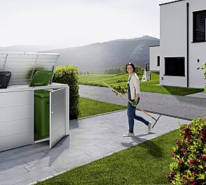Müllbehälter-Dreifachschrank HIGHBOARD, Modell 200, für 3 x 120 Liter oder 3 x 240 Liter Großmülltonnen in silber-metallic