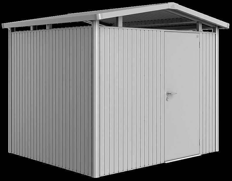 Gerätehaus PANORAMA®, Modell 3 in silber-metallic, mit Einflügeltür