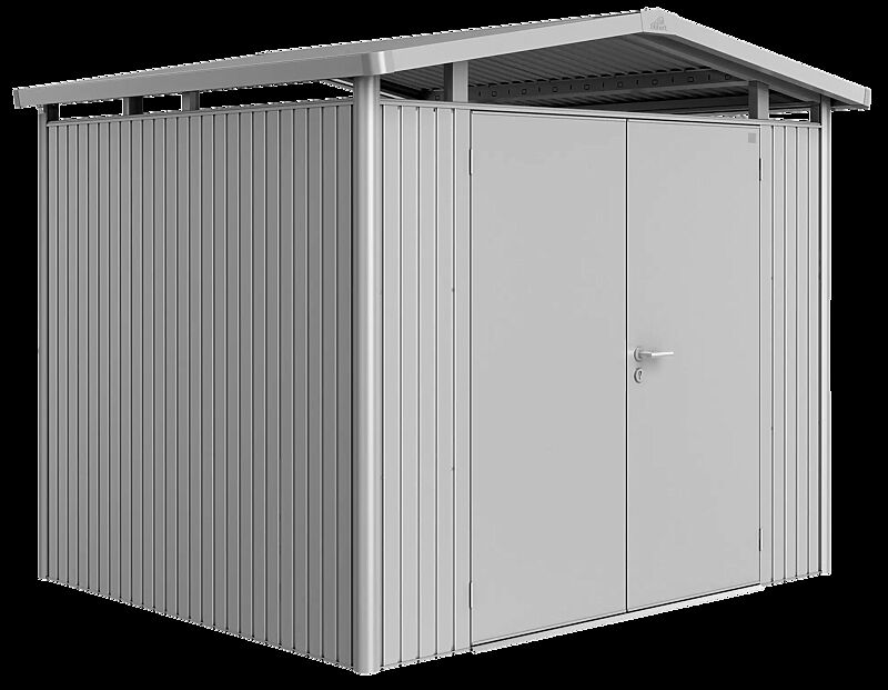 Gerätehaus PANORAMA®, Modell 3 in silber-metallic, mit Doppelflügeltür