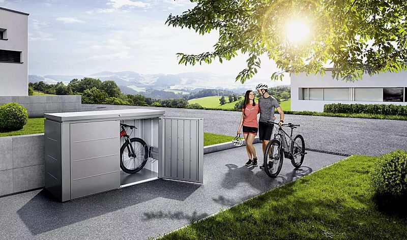 Fahrradbox HIGHBOARD, Modell 200, für 2 Fahrräder mit Fahrradständer bikeHolder, in quarzgrau-metallic