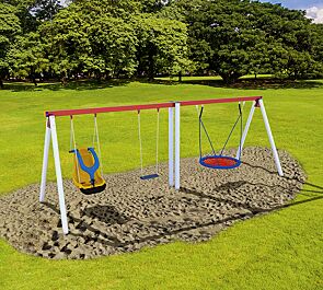 Zweifachschaukel WILMA mit Inklusionsschaukelsitz, Standard-Sicherheitsschaukelsitz und Nestschaukel