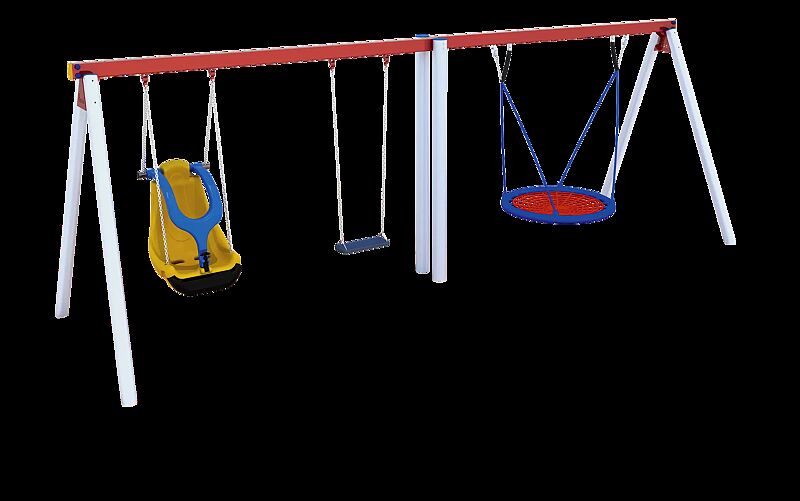 Zweifachschaukel WILMA mit Inklusionsschaukelsitz, Standard-Sicherheitsschaukelsitz und Nestschaukel