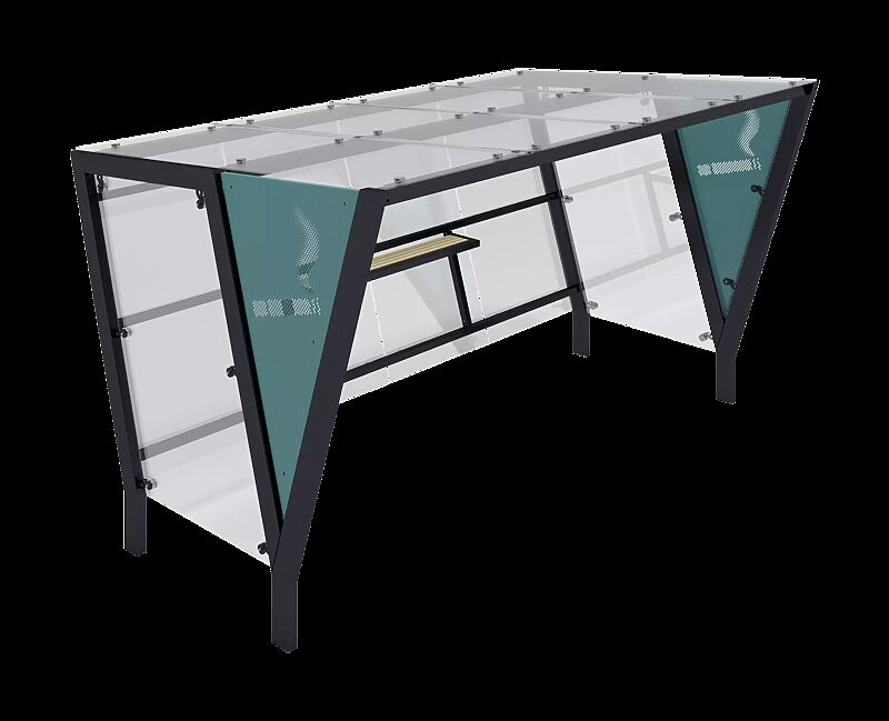 Raucherunterstand TAURI, Dachbreite x Dachtiefe 3940 mm x 2500 mm, einseitig, Dacheindeckung VSG, Rückwand ESG, Klarglas, Seitenwand ESG, Klarglas bzw. perforiertem Stahlblech, Stahlkonstruktion in RAL 7016 anthrazitgrau