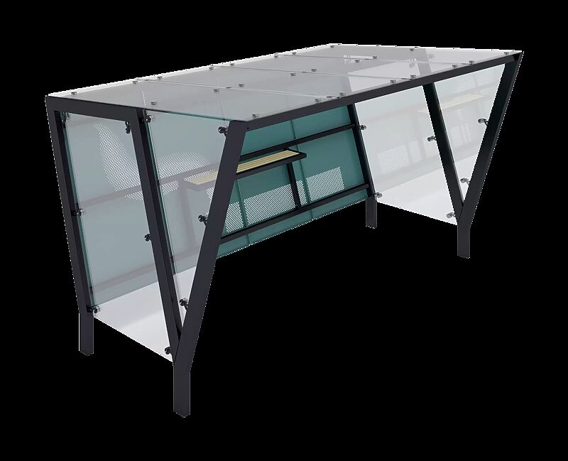 Raucherunterstand TAURI, Dachbreite x Dachtiefe 3940 mm x 2500 mm, einseitig, Dacheindeckung VSG, Rückwand perforiertes Stahlblech, Seitenwand ESG, Klarglas, Stahlkonstruktion in RAL 7016 anthrazitgrau