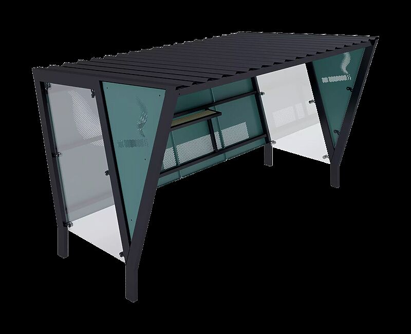 Raucherunterstand TAURI, Dachbreite x Dachtiefe 3940 mm x 2500 mm, einseitig, Dacheindeckung Trapezblech, Rückwand perforiertes Stahlblech, Seitenwand ESG, Klarglas bzw. perforiertem Stahlblech, Stahlkonstruktion in RAL 7016 anthrazitgrau