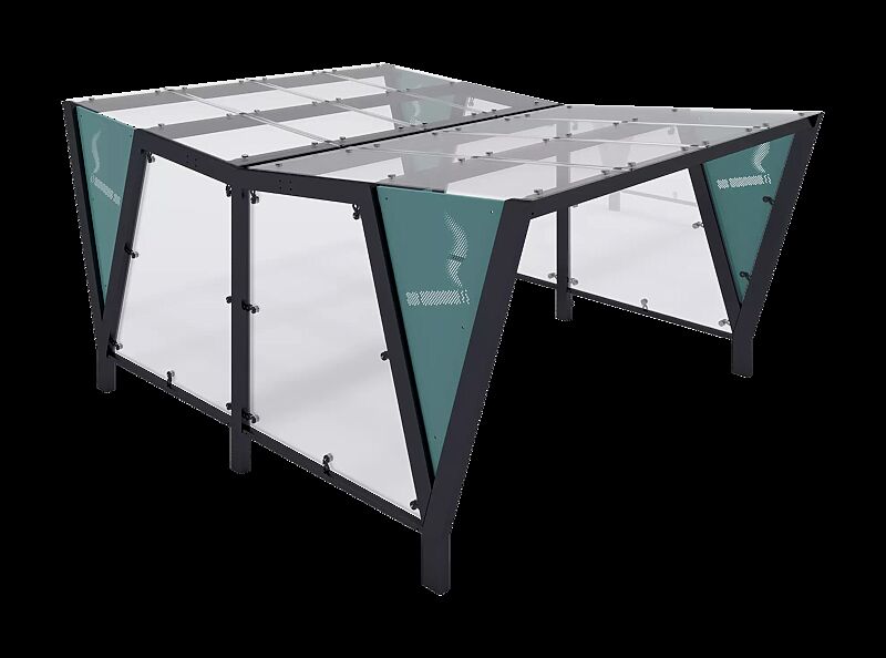 Raucherunterstand TAURI, Dachbreite x Dachtiefe 3940 mm x 5100 mm, doppelseitig, Dacheindeckung VSG, Seitenwand ESG, Klarglas bzw. perforiertem Stahlblech, Stahlkonstruktion in RAL 7016 anthrazitgrau