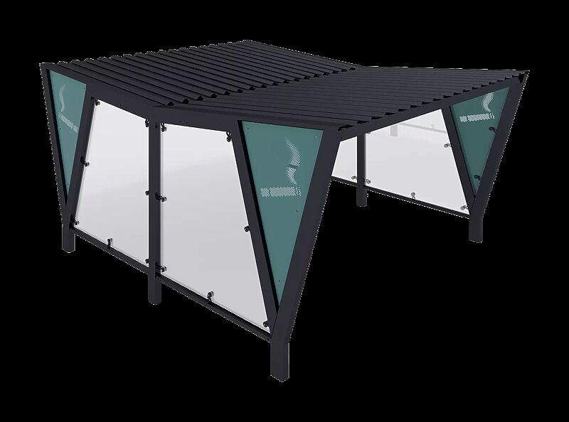 Raucherunterstand TAURI, Dachbreite x Dachtiefe 3940 mm x 5100 mm, doppelseitig, Dacheindeckung Trapezblech, Seitenwand ESG, Klarglas bzw. perforiertem Stahlblech, Stahlkonstruktion in RAL 7016 anthrazitgrau