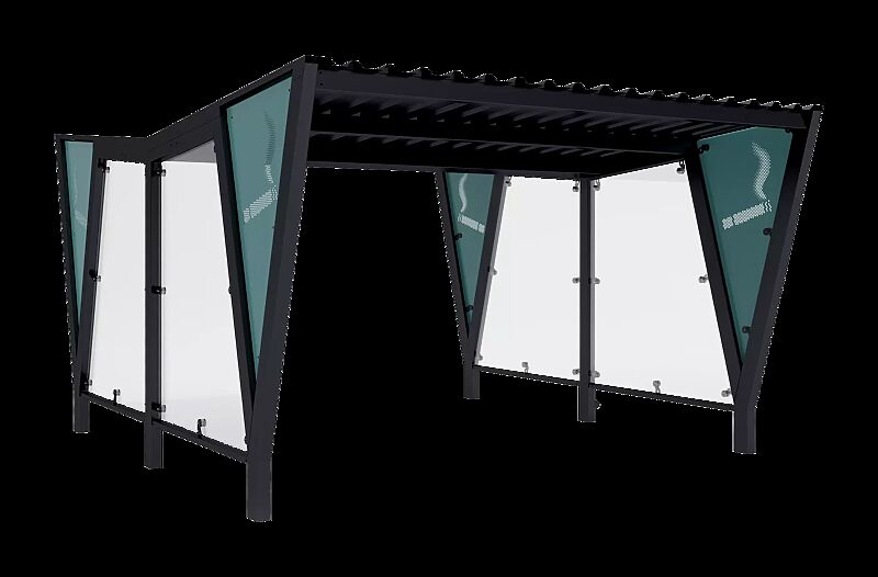 Raucherunterstand TAURI, Dachbreite x Dachtiefe 3940 mm x 5100 mm, doppelseitig, Dacheindeckung Trapezblech, Seitenwand ESG, Klarglas bzw. perforiertem Stahlblech, Stahlkonstruktion in RAL 7016 anthrazitgrau