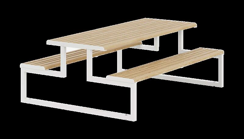 Bank-Tisch-Kombination MANTUA ohne Rückenlehne, Aluminiumprofile in Holzoptik, Stahlteile in RAL 9003 signalweiß