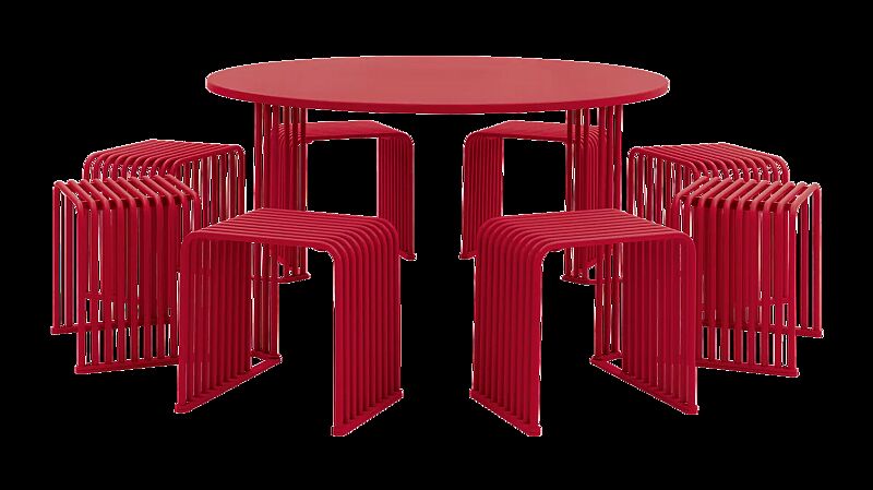 Bank-Tisch-Kombination ANZIO, mit rundem Tisch, Standard-Ausführung, 8-Sitzer, in RAL 3000 feuerrot