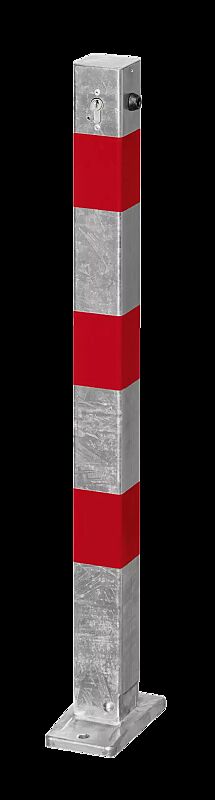 Sperrpfosten GERNIKA NEW zum Aufdübeln, einseitig kippbar, mit Bodenplatte, mit Profilzylinderschloss, feuerverzinkt mit roten Reflexstreifen