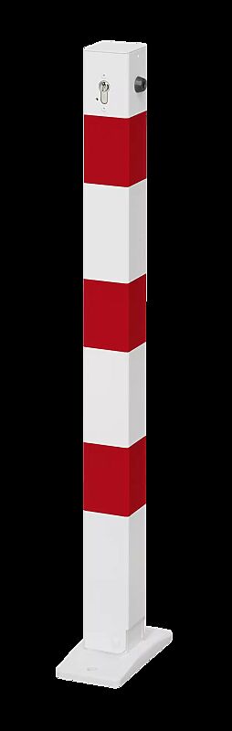Sperrpfosten GERNIKA NEW zum Aufdübeln, einseitig kippbar, mit Bodenplatte, mit Profilzylinderschloss, in RAL 9010 reinweiß mit roten Reflexstreifen