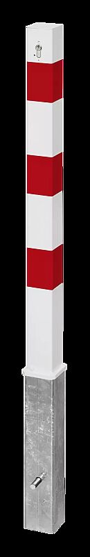 Sperrpfosten GERNIKA NEW zum Einbetonieren, herausnehmbar aus Bodenhüle mittels Profilzylinderschloss, in RAL 9010 reinweiß mit roten Reflexstreifen