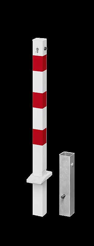 Sperrpfosten GERNIKA NEW zum Einbetonieren, herausnehmbar, kippbar, mit Profilzylinderschloss, in RAL 9010 reinweiß mit roten Reflexstreifen