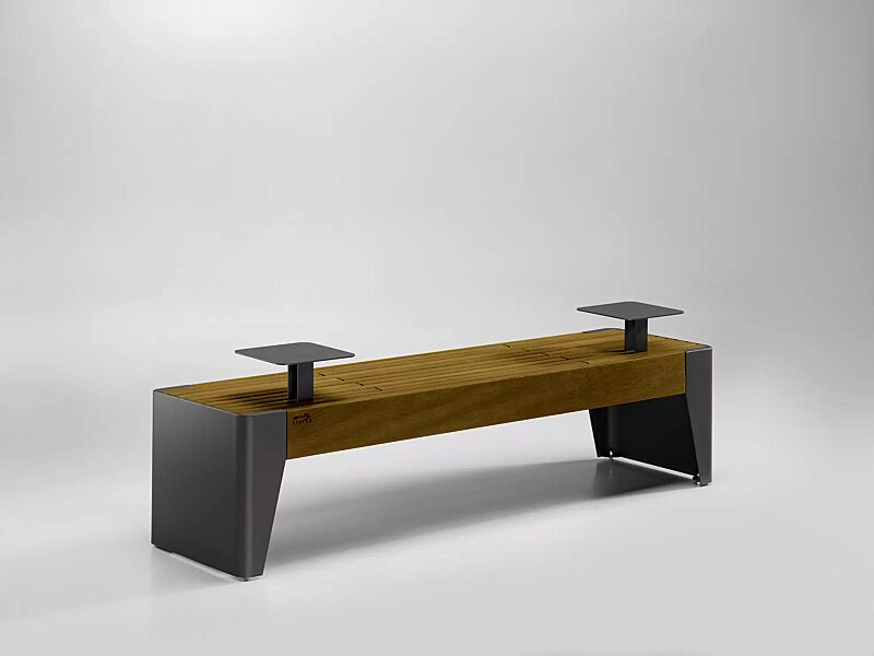 Sitzbank FOLA ohne Rückenlehne, mit Ablagetischen, Stahlteile in DB 703 eisenglimmer