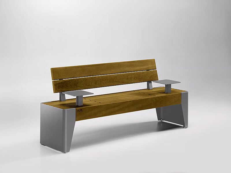 Sitzbank FOLA mit Rückenlehne und Ablagetischen, Stahlteile in RAL 9007 graualuminium