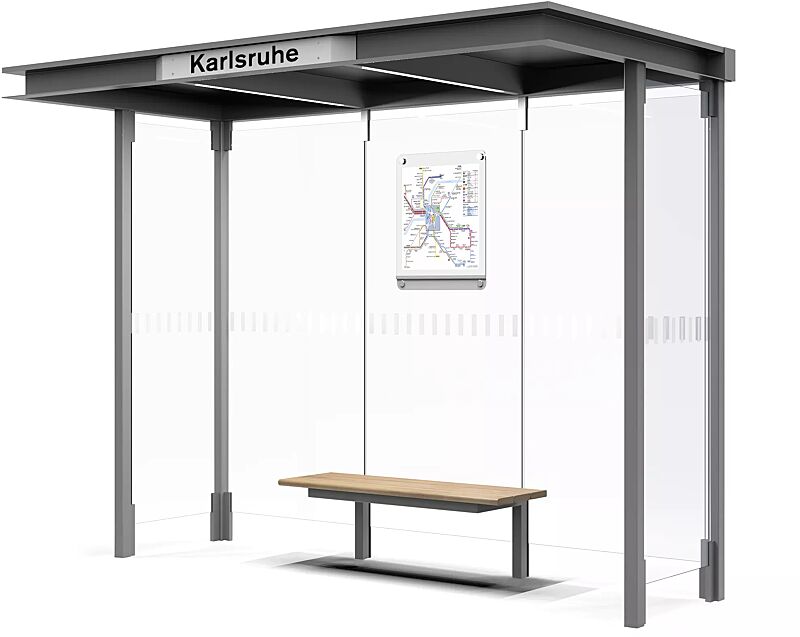 Wartehalle HOREC, Dachbreite x Dachtiefe 2955 mm x 1484 mm, mit Rück- und Seitenwände Verbundsicherheitsglas (VSG), mit Sichtstreifen, Sitzbank mittig, Fahrplanschaukasten, Stahlkonstruktion in RAL 9007 graualuminium