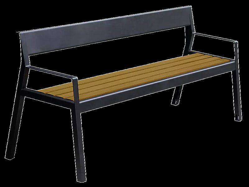 Sitzbank CASTEO mit Rückenlehne und Armlehnen, mit thermisch modifizierter Kiefernholzbelattung, Stahlteile in RAL 9005 tiefschwarz