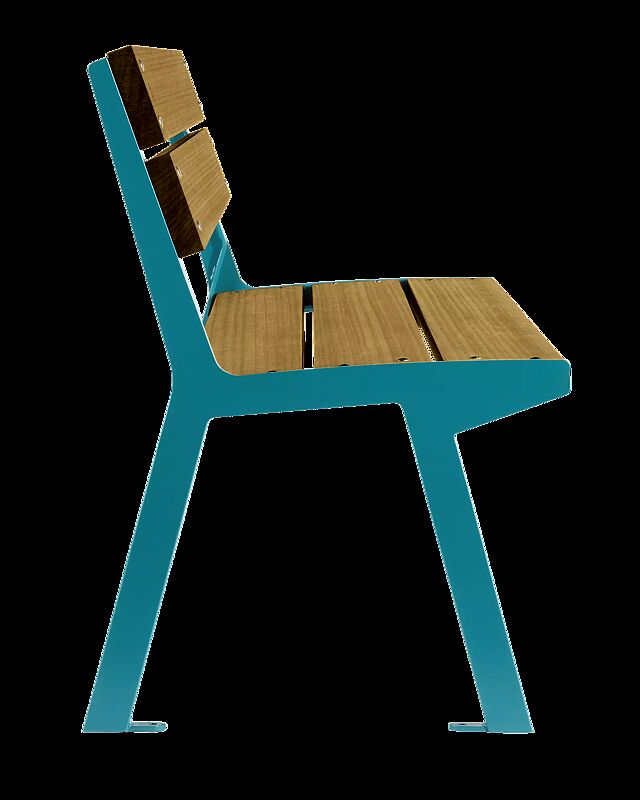 Sitzbank NOALE mit Rückenlehne, mit thermisch modifizierter Kiefernholzbelattung, Stahlteile in RAL 5021 wasserblau