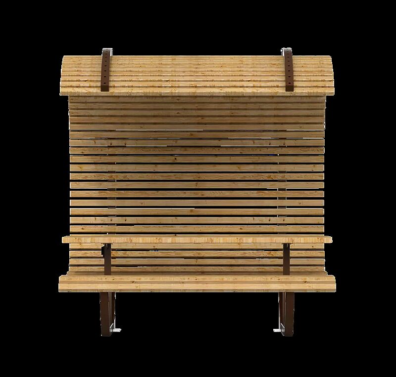 Freizeitüberdachung CISON CONTEA mit Tisch und Sitzbänken, halbkreisförmig, mit Kiefernholzbelattung, Stahlteile in corten