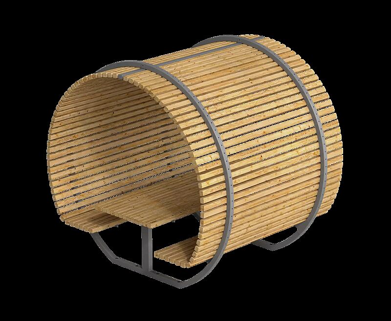 Freizeitüberdachung CISON CONTEA mit Tisch und Sitzbänken, kreisförmig, mit Kiefernholzbelattung, Stahlteile in RAL 7012 basaltgrau