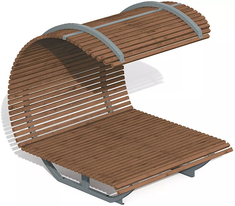 Freizeitüberdachung CISON CONTEA mit Liegefläche, halbkreisförmig, mit Sapeliholzbelattung, Stahlteile in RAL 7012 basaltgrau