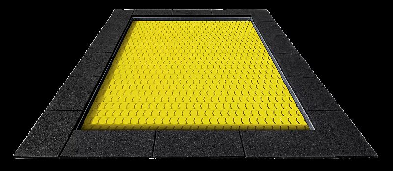 Bodentrampolin BUZO, Umrandung in schwarz, Sprungmatte in RAL 1018 zinkgelb