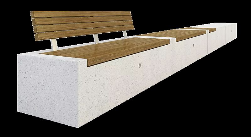 Sitzbank-Kombination DEMETRA mit und ohne Rückenlehne, aus Beton, mit Okouméholzbelattung, in Granitoptik weiß