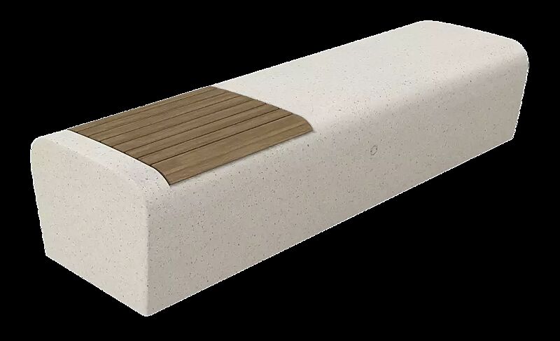 Sitzbank ONDA in Beton, mit Okouméholzsitz, Sitzfläche sandgestrahlt, in Granitoptik weiß