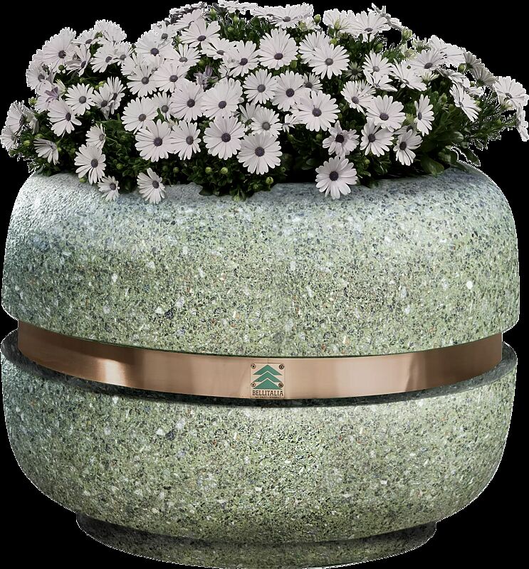 Pflanzbehälter TIMELESS aus rekonstituiertem Marmor sandgestrahlt, in grün alpi, Ringtaille aus Kupfer