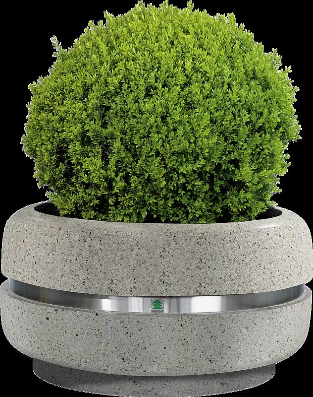 Pflanzbehälter TIMELESS aus Beton geschliffen, in Granitoptik weiß, Ringtaille aus Edelstahl