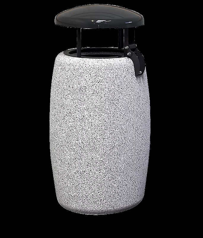 Abfallbehälter ORIONE aus Beton, in Granitoptik weiß, mit Stahl-Schutzdach in RAL 7021 schwarzgrau