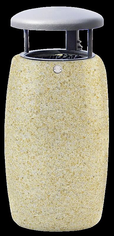Abfallbehälter ORIONE aus rekonstituiertem Marmor gestockt, in gelb mori, mit Stahl-Schutzdach in Sonderfarbe RAL 9007 graualuminium (auf Anfrage)