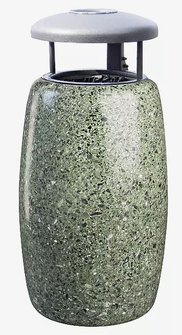 Abfallbehälter ORIONE aus rekonstituiertem Marmor geschliffent, mit Stahl-Schutzdach in Sonderfarbe RAL 9007 graualuminium (auf Anfrage) und Ascher, in grün alpi