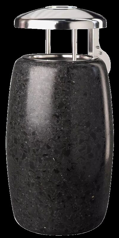 Abfallbehälter ORIONE aus rekonstituiertem Marmor geschliffen, mit Edelstahl-Schutzdach und Ascher, in schwarz ebano