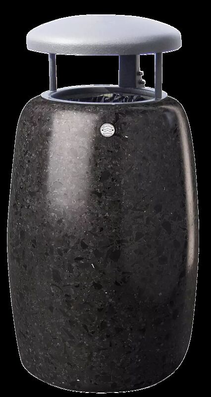 Abfallbehälter PEGASO aus rekonstituiertem Marmor geschliffen, mit Stahl-Schutzdach in Sonderfarbe RAL 9007 graualuminium (auf Anfrage), in schwarz ebano