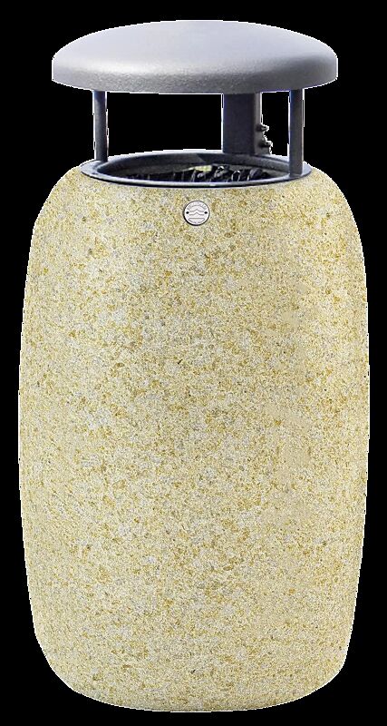 Abfallbehälter PEGASO aus rekonstituiertem Marmor gestockt, mit Stahl-Schutzdach in Sonderfarbe RAL 9007 graualuminium (auf Anfrage), in gelb mori