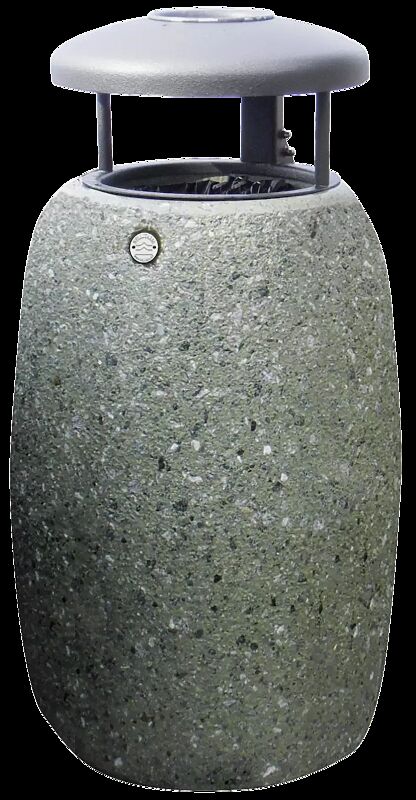 Abfallbehälter PEGASO aus rekonstituiertem Marmor gestockt, mit Stahl-Schutzdach in Sonderfarbe RAL 9007 graualuminium (auf Anfrage) und Ascher, in grün alpi