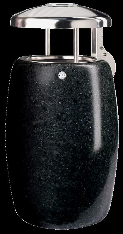 Abfallbehälter PEGASO aus rekonstituiertem Marmor geschliffen, in schwarz ebano, mit Edelstahl-Schutzdach und Ascher